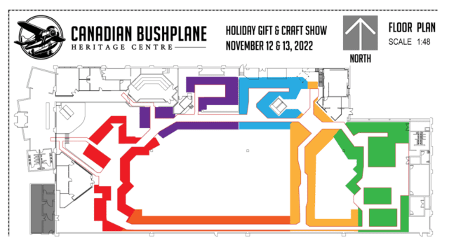 Floor map of the Bushplane Museum with areas highlighted to show the location of vendors during the craft show.