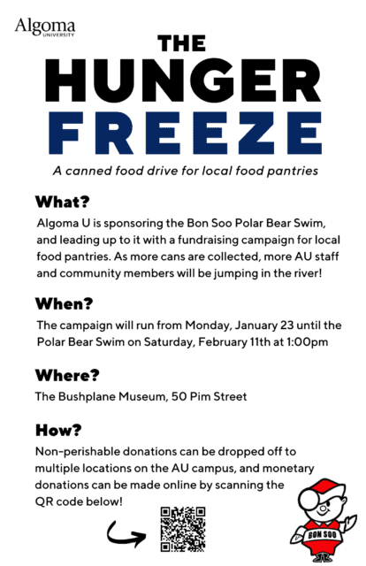 Poster promoting Algoma University's 2023 Hunger Freeze canned food drive